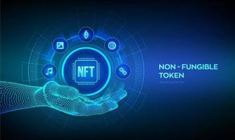 NFT icon in robotic hand. Non-fungible token digital crypto art blockchain technology concept on virtual screen. Investment in cryptographic. Vector illustration.