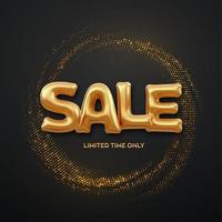 SALE. Golden Sale foil balloon word on shimmering background. High detailed 3D helium balloons gold forming word sale. Bursting backdrop with glitters. Discount and advertisement. Vector illustration.