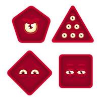 Red geometric shapes set with face emotions. Square, triangle, rhombus, hexagon forms with eyes. Hand drawn vector illustration for kids. Cute funny characters. Isolated on white background.