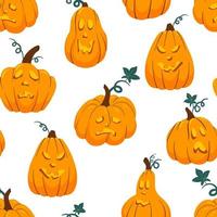 calabaza aterradora de halloween con sonrisa, cara feliz de patrones sin fisuras. calabaza naranja jack-o'-lantern fondo de calabaza tallada. textura vectorial de dibujos animados. vector