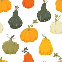 Colorful pumpkins of various shapes seamless pattern. Thanksgiving and Halloween autumn background. Cartoon vector fall texture.