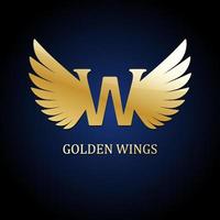 Golden wings on dark blue background. Vector illustration. Design element for logo, emblem, sign, brand mark.