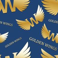 Golden wings with letter vector seamless pattern. Modern texture on  blue background for corporate identity, branding card, wrapping.