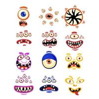 Hand drawn round Doodle monsters characters with different expressions. Cheerful face emotions. Colorful vector sticker set. Cute game assets. Illustration for kids isolated on white background