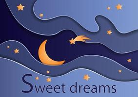 Moon and stars in the sky, sweet dreams paper cut vector illustration. Layout design for presentation, flyer, poster, greeting card, cover, and invitation. Colorful carving art. 3D abstract background