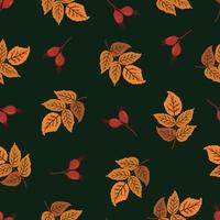 Wild rose autumn leaves and berries. Fall seamless vector pattern briar, dog-rose, eglantine.