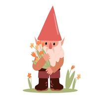 Magical creature. Garden gnome. Holding a bouquet of flowers. vector