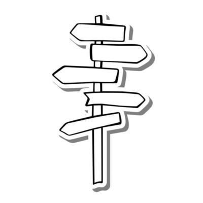 Black line cute cartoon sign post. Doodle on white silhouette and gray shadow. Vector illustration , coloring and any design.