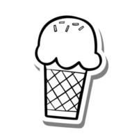 Black line Ice Cream Cone on white silhouette and gray shadow. Hand drawn cartoon style. Vector illustration for decorate, coloring and any design.