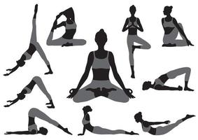 conjunto de siluetas vectoriales de mujeres haciendo ejercicios de yoga. iconos monocromáticos de varias posiciones de yoga. vector
