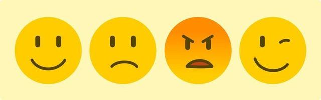 emoticono emoji amarillo con cuatro emociones sonrisa triste enojado y confianza icono vector