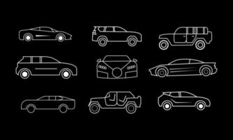 thin line car icons set in black background. Universal car icon to use in web and mobile UI, car basic UI elements set vector