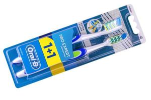 Top view of Oral-B 3D white toothbrush packaging isolated on white background photo