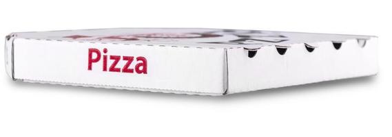 primer plano de una plantilla de caja de pizza blanca sobre blanco foto