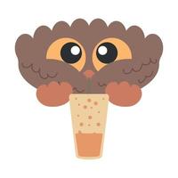 Little Cute Bird Owl with big eyes drinking soda lemonade vector