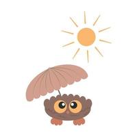 Little Cute Bird Owl with big eyes hiding under umbrella from sun vector