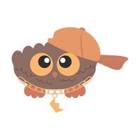 Little Cute Bird Owl with big eyes rapper in cap, with chain and crown vector