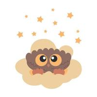 Little Cute Bird Owl with big eyes sitting on the cloud vector