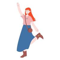Boho outfit. Girl is wearing a skirt and a T-shirt. Vector illustration in flat style isolated on white background.