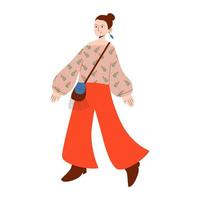 Boho outfit. Girl is dressed in trousers and a blouse with a pattern. Vector illustration in flat style isolated on white background.