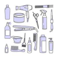 productos para el cuidado del cabello. un conjunto de cosméticos y artículos. en una ilustración de vector de color muy peri en estilo garabato.