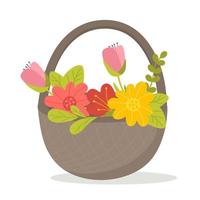 A basket with flowers and green leaves. Vector illustration in a flat style isolated on a white background