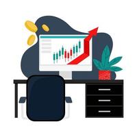 Trader desktop with charts on the monitor. Trading, quotes, stocks, investment concept. Flat cartoon vector illustration