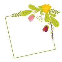 Square geometric frame with willow tulips and leaves. Vector illustration in a flat style isolated on a white background