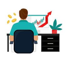 The trader tracks the charts at the computer. Trading, quotes, stocks, investment concept. Flat cartoon vector illustration