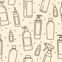 The pattern is seamless of cosmetics and objects. Hair care products. Vector illustration in doodle style.