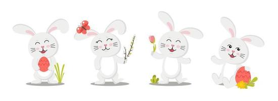 lindos conejitos divertidos sobre el tema de las felices pascuas. conejos con huevos y sauce. ilustración vectorial en un estilo plano aislado en un fondo blanco vector