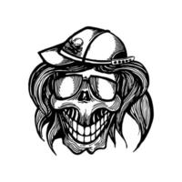 calavera dibujada a mano con gafas de sol y sombrero vector