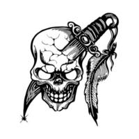 cráneos dibujados a mano y vector de diseño de tatuaje de hoja