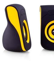 The computer speakers with yellow and black design on isolate white background photo