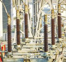 high voltage power transformer substation. Close up photo