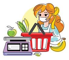 a seller in a mask at the checkout area weighs fruits and vegetables on the scales, the products are in the basket. Shop or supermarket vector