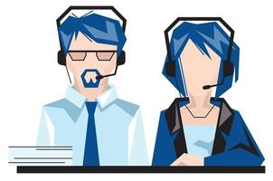 A woman and a man are sitting at a table in the office. Technical support by phone. vector