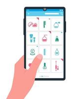 Flat vector illustration, concept of buying cosmetics in the online store, shopping.   Cosmetics store products on the smartphone screen, purchase. Hand holding smartphone.View   products in the app