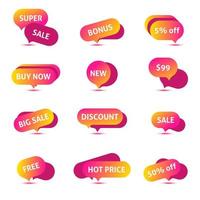 pegatinas vectoriales, etiqueta de precio, banner, etiqueta. Plantilla vectorial de venta, ofertas y promociones de cupones. etiqueta de precio de tienda, venta al por menor, comercio, negocio vector