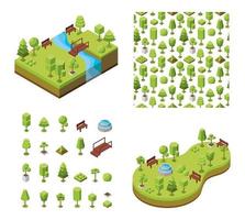 ilustración isométrica vectorial. concepto de parque botánico ecológico, áreas de recreación natural. paisaje natural, entorno. conjunto de árboles 3d e ícono de muebles al aire libre. patrón geométrico sin fisuras vector