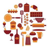 Vector set of food icons, bakery, kitchen equipment, utensil. Isolated objects on   white background. A set of items on the theme of cooking. Flat cartoon vector illustration  about food and cooking