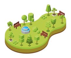 Vector isometric illustration. Concept of an ecological park, recreation areas with a pond and bridge. Natural landscape, environment. Landscaped nature reserve, forest, grove. Trees isometric icons