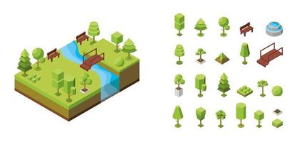 ilustración isométrica vectorial. concepto de parque botánico ecológico, áreas de recreación natural con estanque y puente. paisaje natural, entorno. conjunto de arboles 3d y muebles de exterior vector