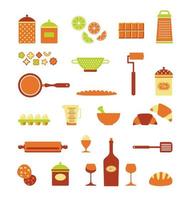 Vector set of food icons, bakery, kitchen equipment, utensil. Isolated objects on   white background. A set of items on the theme of cooking. Flat cartoon vector illustration about food and cooking