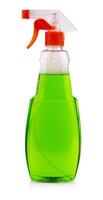 The Green spray bottle with liquid isolated on white background photo