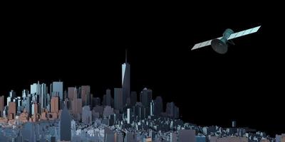 Transmission of satellite signals in the sky Above the big city Filled with tall buildings 3d illustration photo