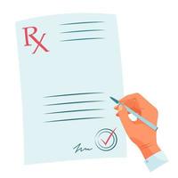 Doctor hand fills out the RX medical form with pen. vector