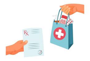 Hand passes pharmacy package with medicines according to prescription form of doctor Rx. vector