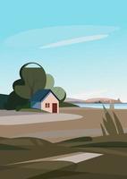 Spring landscape with house on the river bank. Natural scenery in portrait format. vector