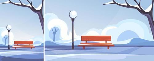 Bench in winter park. Outdoor scene in different formats. vector